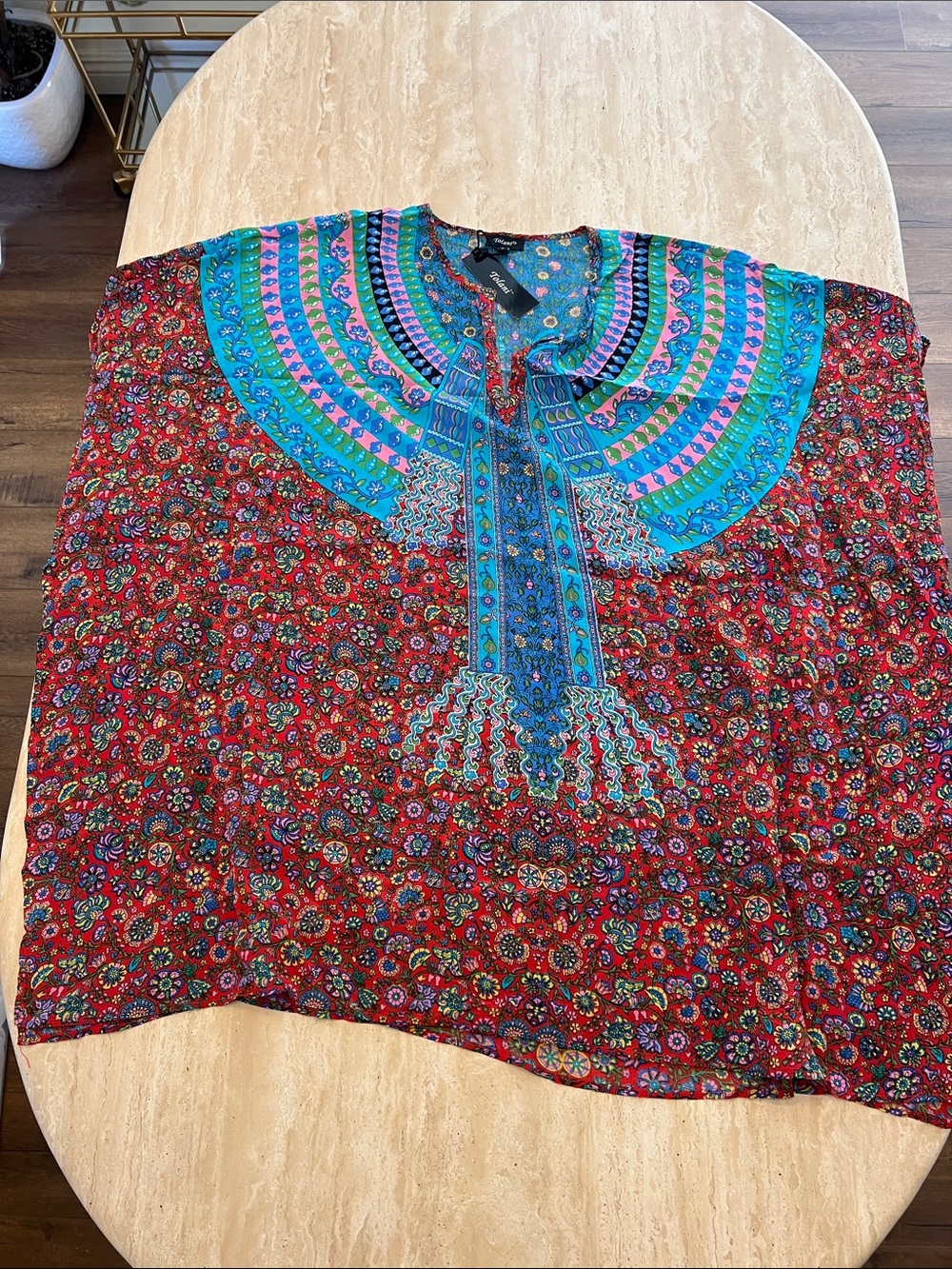 Tolani Red Tunic with Turquoise Embroidered Yoke